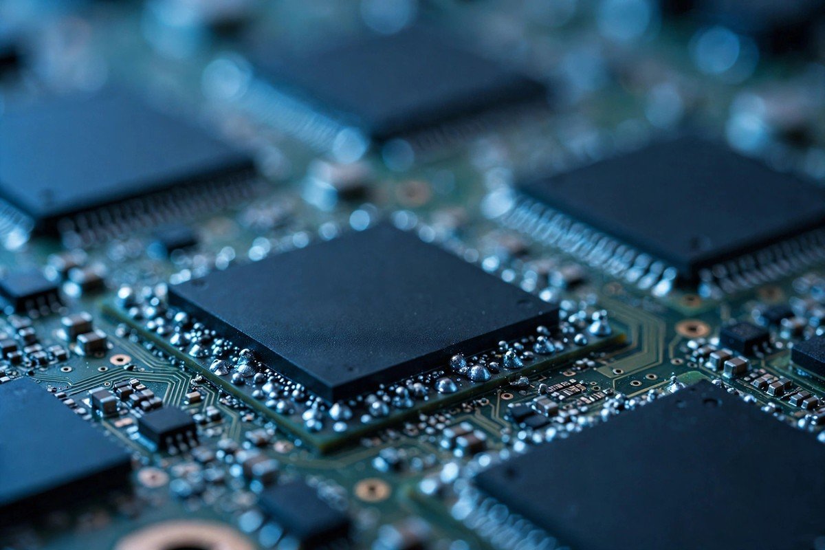 How much GPU you need to run AI models locally — macro close-up of VRAM memory chips on a graphics card circuit board in blue tones