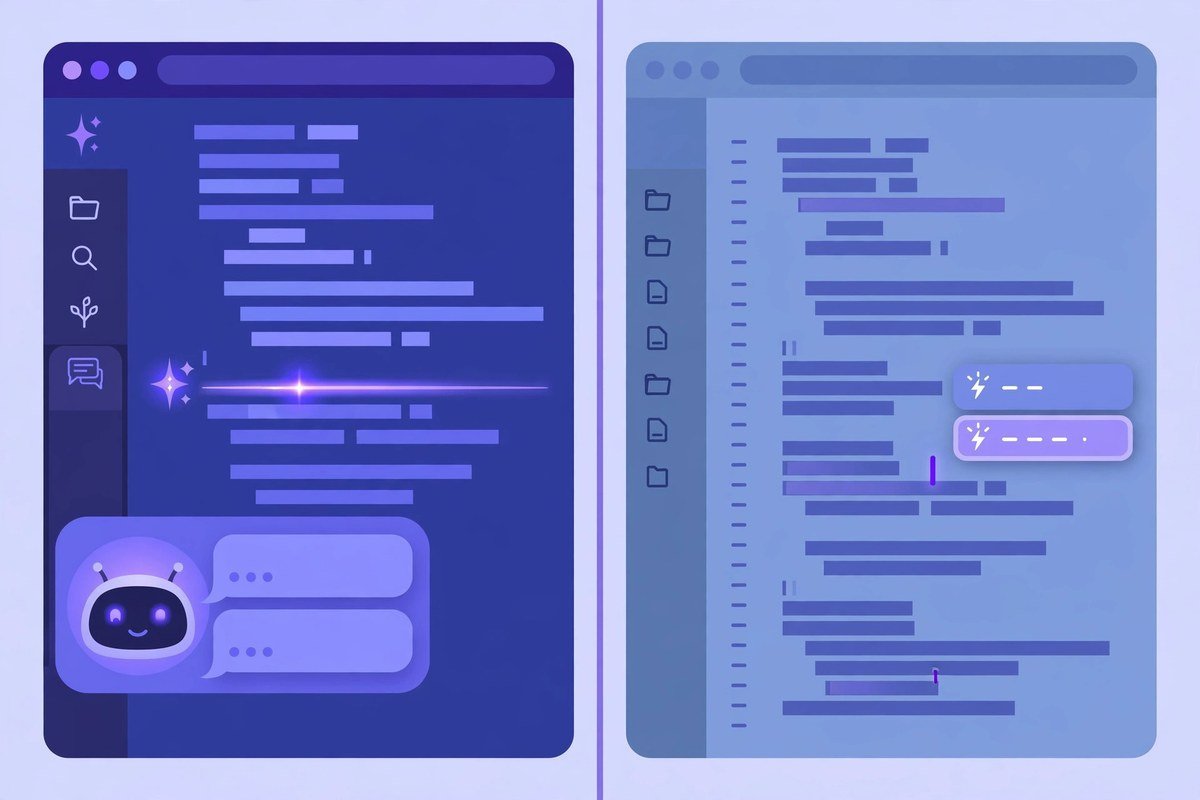 Split illustration comparing the best AI coding assistant for beginners 2026 options: an AI-native editor and an autocomplete layer