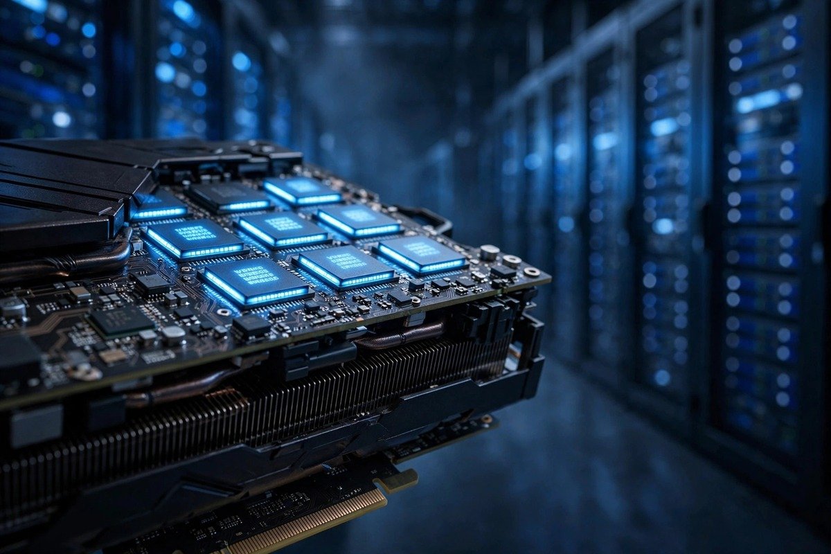 Close-up of a graphics card with VRAM memory chips next to data centre server racks