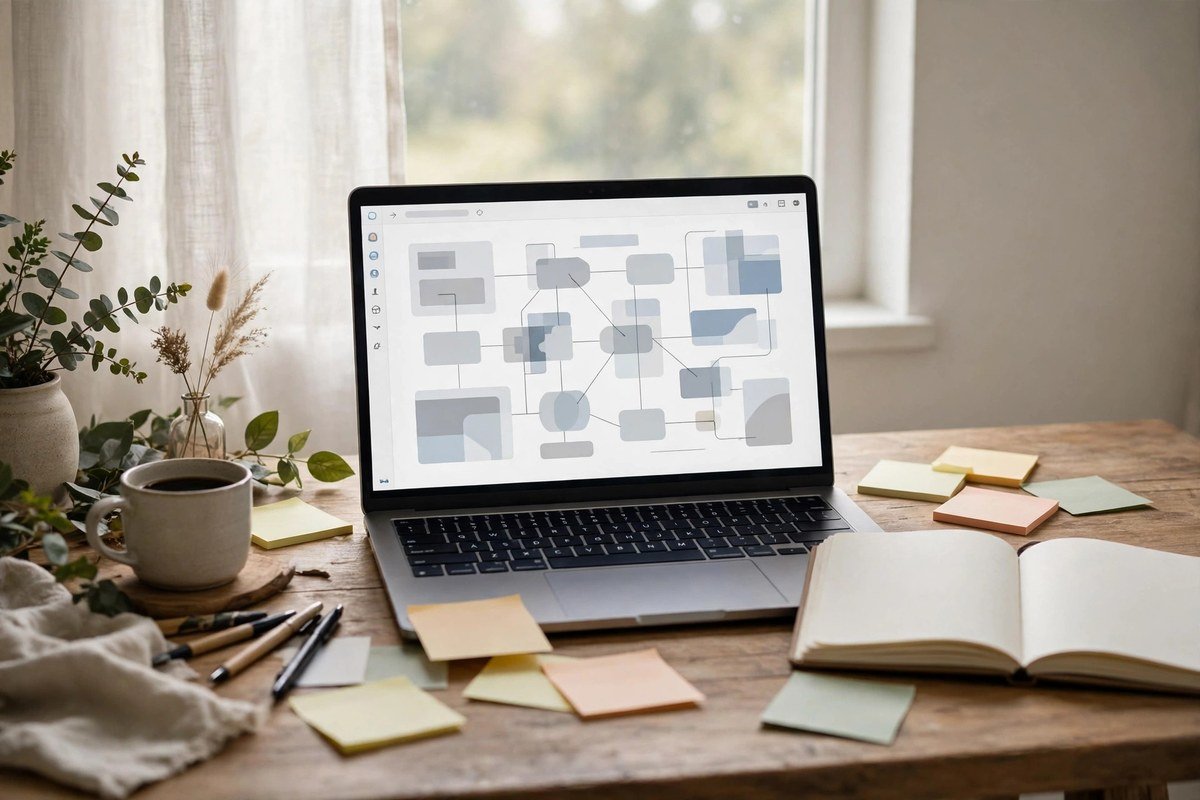 AI writing assistant helping draft marketing copy on a laptop at a bright desk