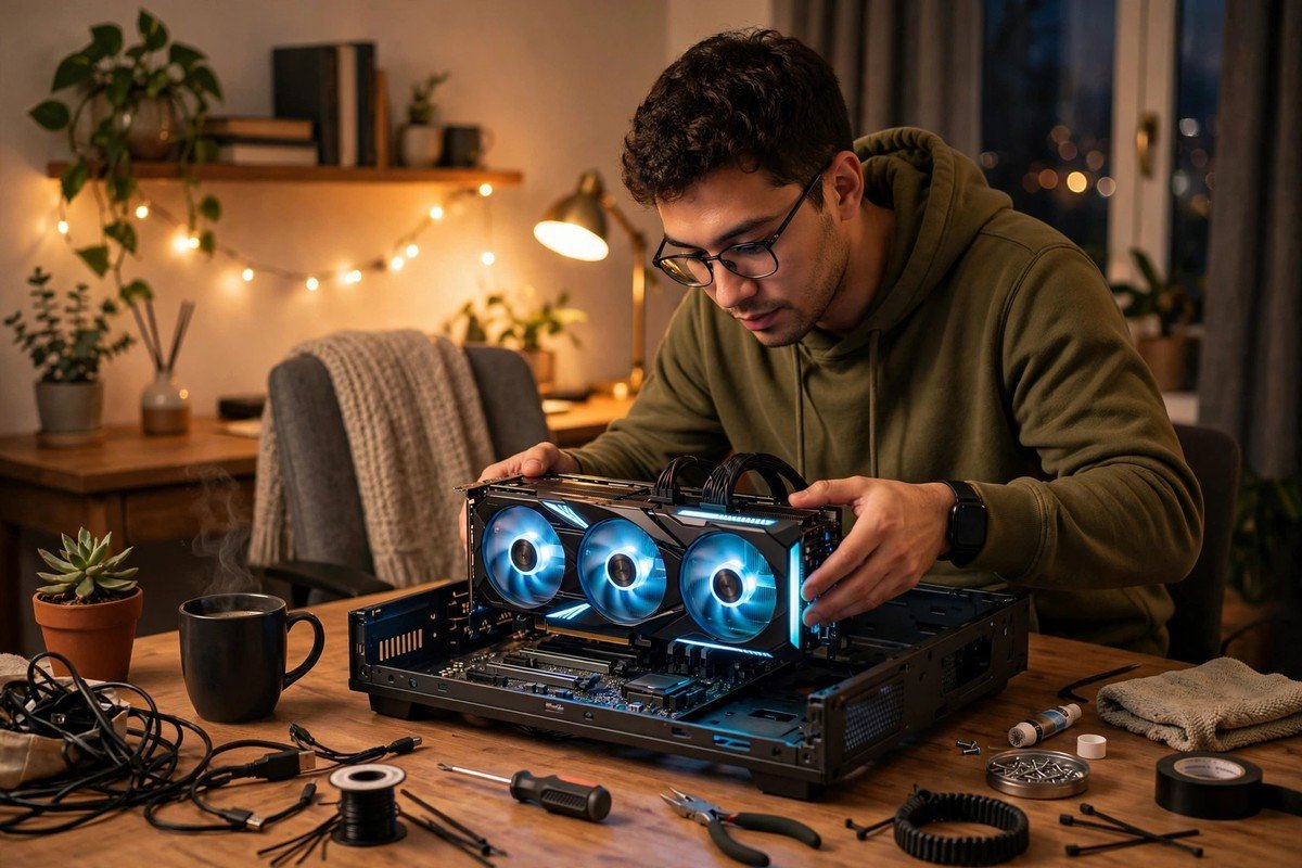 Person installing a graphics card in a home PC workstation for local AI