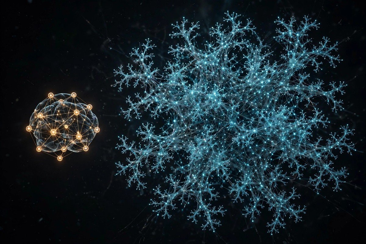 Two glowing neural network structures side by side, one compact and one sprawling, a visual comparison of model scales