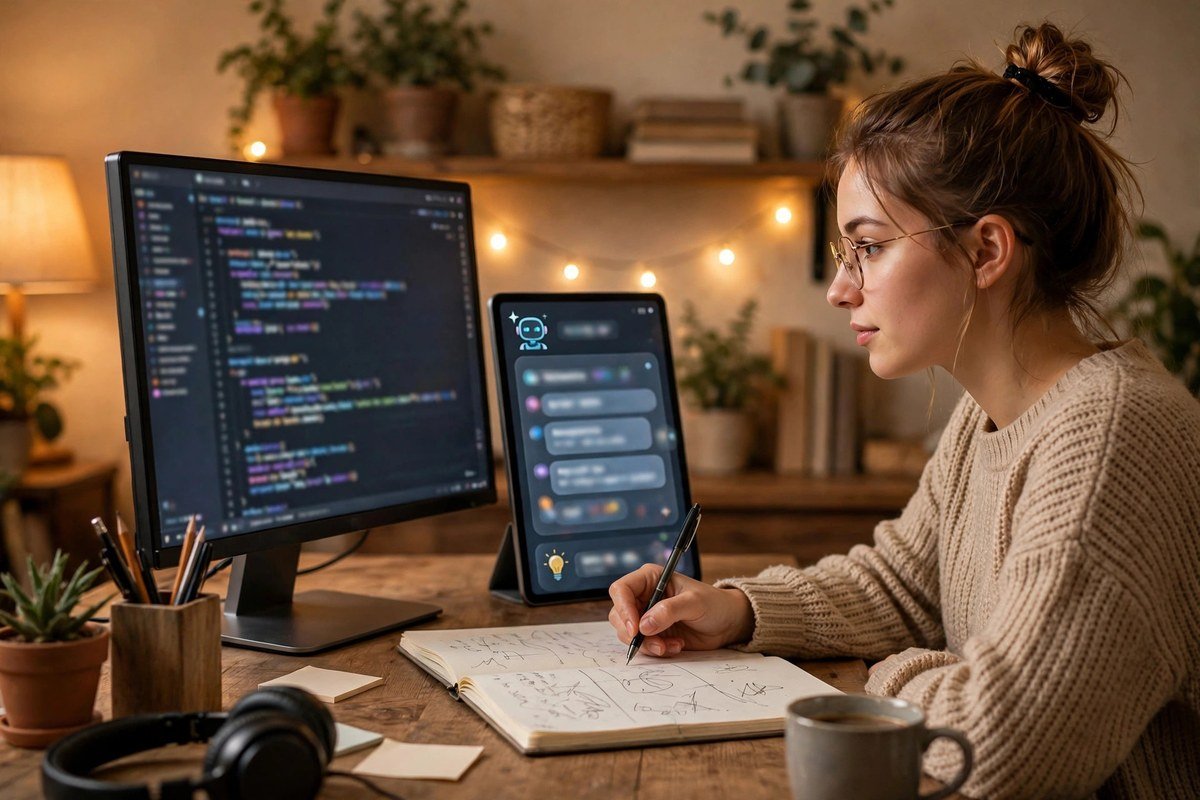 Young woman learning to code while an AI assistant panel explains a code snippet on her monitor