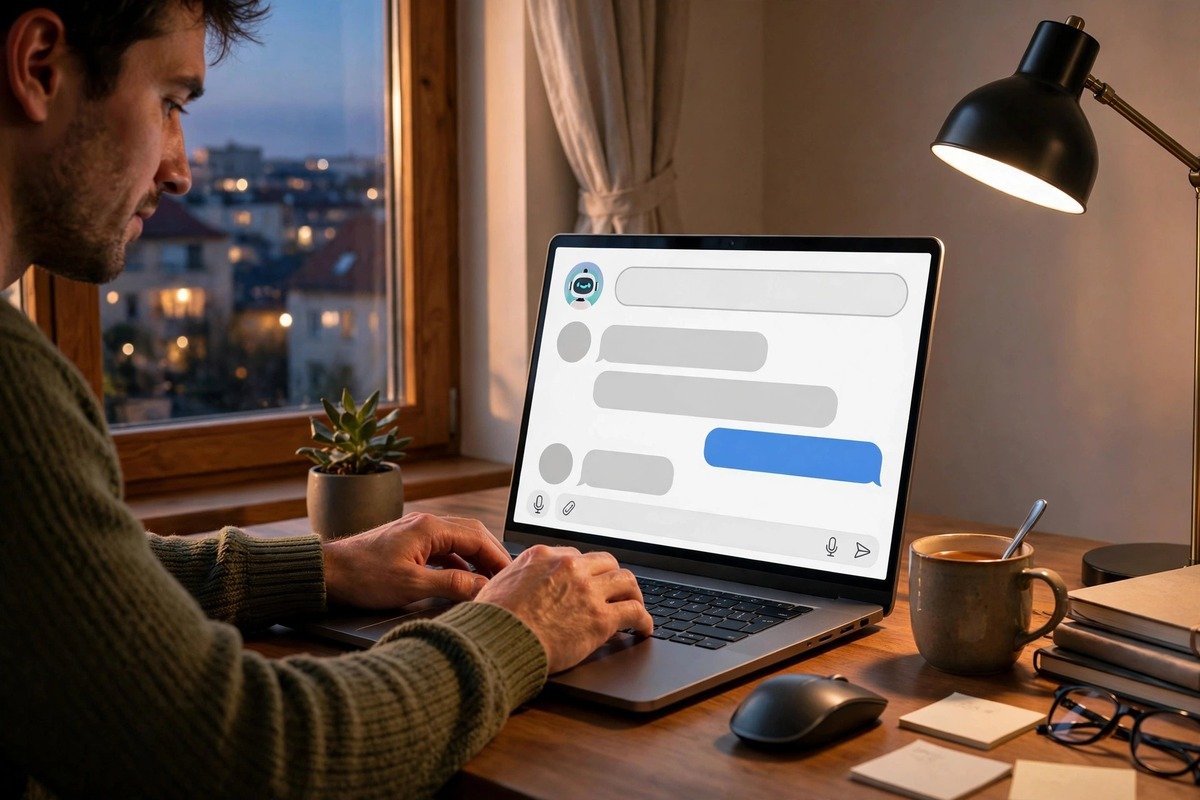 Person at a home office desk typing on a laptop showing an AI chat window