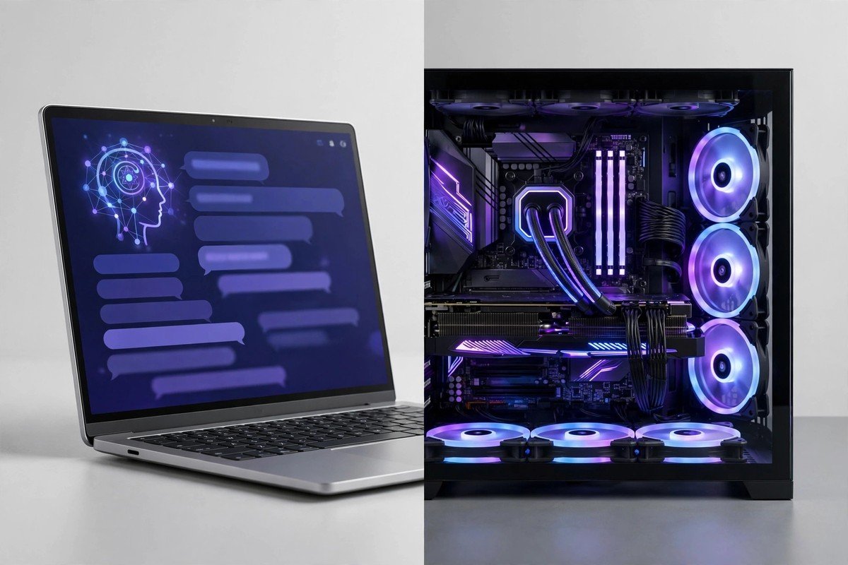 Compact laptop running an AI chatbot beside a high-end desktop GPU rig