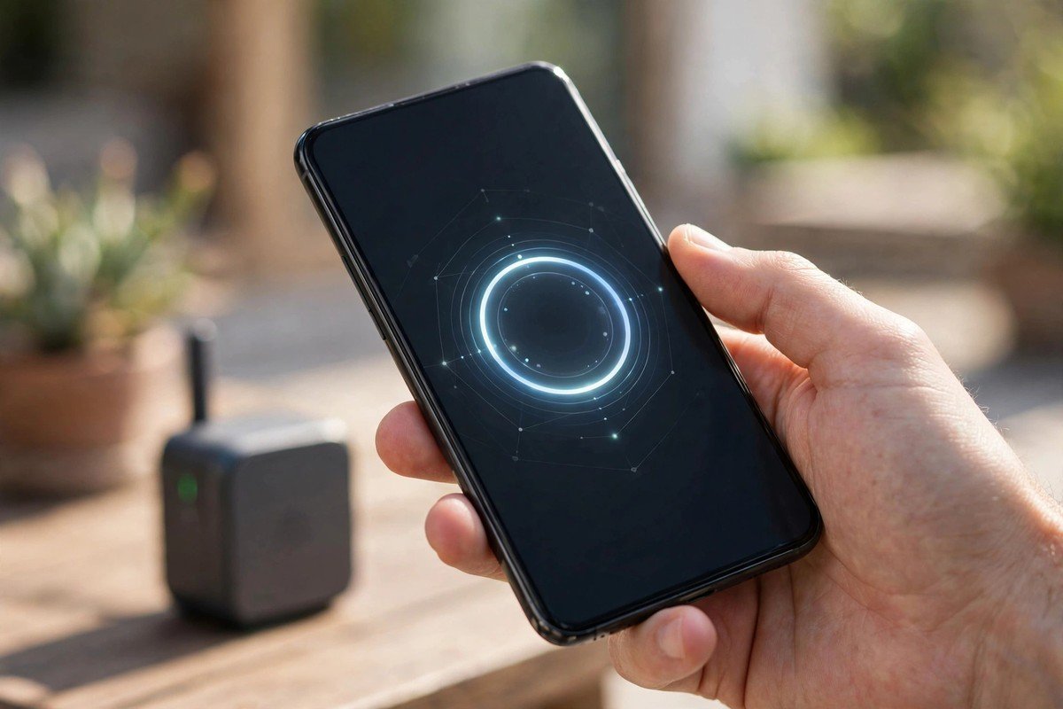 Hand holding a smartphone running an on-device AI assistant next to a smart home device