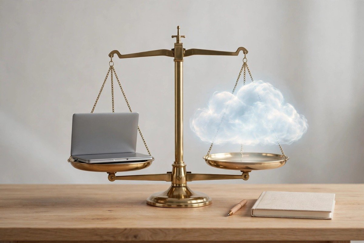 Weighing scale on a desk balancing a laptop against a glowing cloud shape