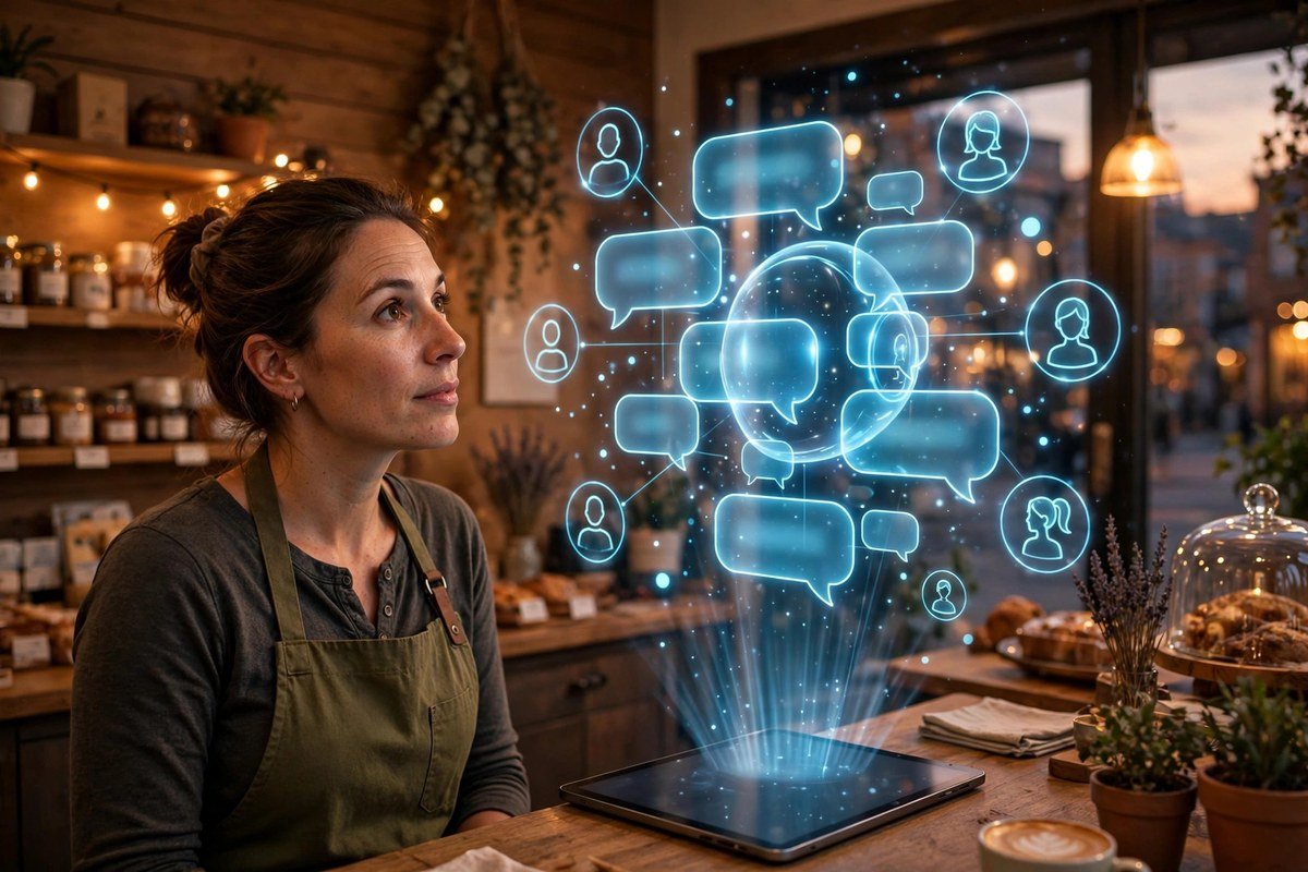 Small business owner using an AI customer chatbot on a tablet in a warm shop