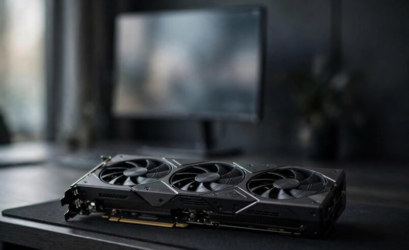 Modern graphics card on a clean desk with code visible on a monitor behind