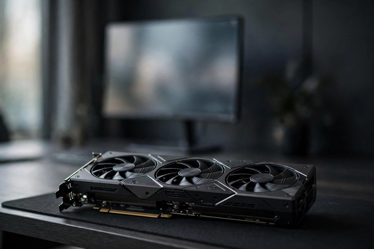 Modern graphics card on a clean desk with code visible on a monitor behind