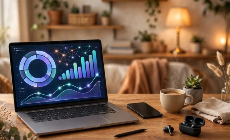 AI marketing tools for small business 2026: laptop with an AI marketing analytics dashboard in a small business office