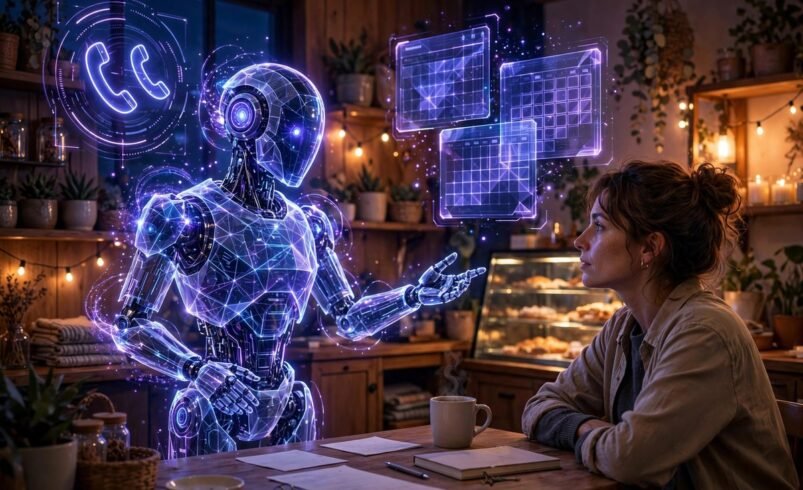 AI agent examples for small business: holographic AI assistant helping a small business owner at a desk with call and calendar icons
