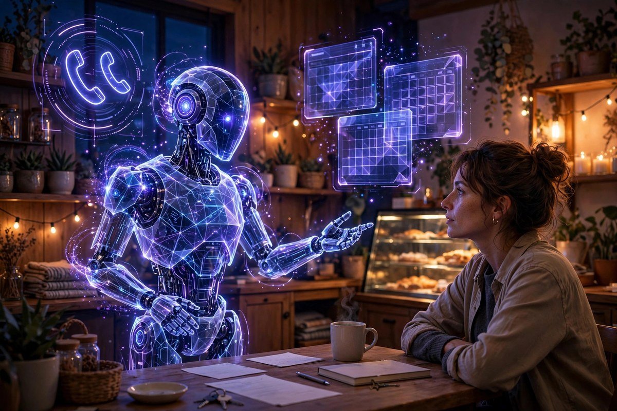 AI agent examples for small business: holographic AI assistant helping a small business owner at a desk with call and calendar icons