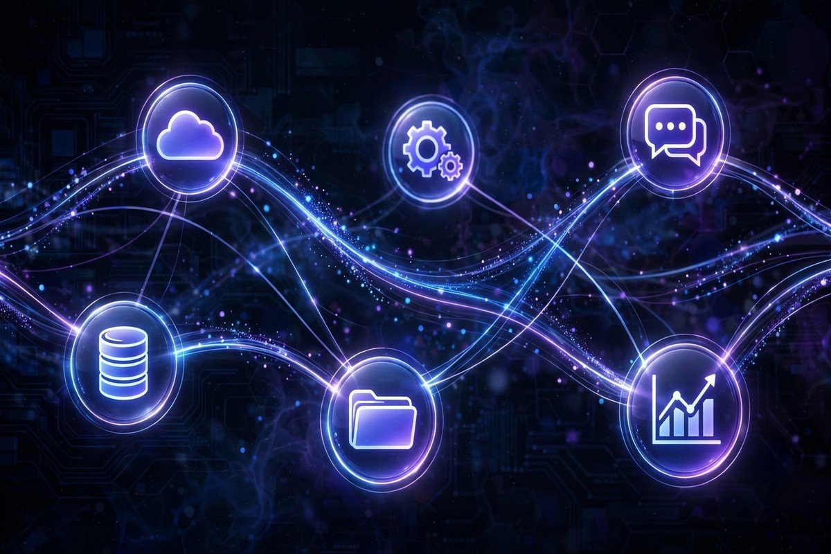 best free AI automation tools no code 2026: abstract connected app nodes forming an automated workflow in blue and purple