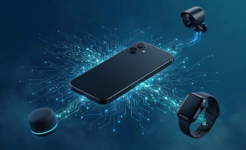 what is edge AI and why it matters: smartphone with glowing neural circuits linking to a security camera, smartwatch and voice speaker