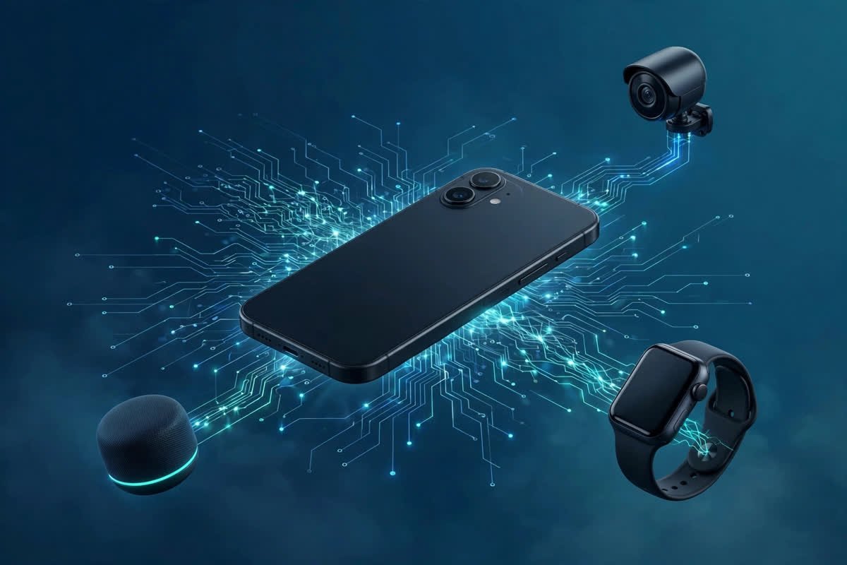 what is edge AI and why it matters: smartphone with glowing neural circuits linking to a security camera, smartwatch and voice speaker