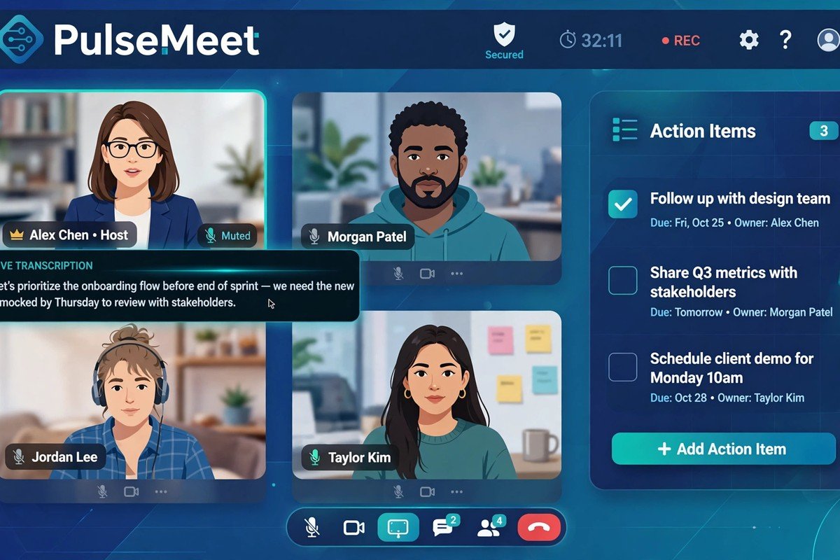 Best AI transcription tools for meetings 2026: video call grid with live transcription captions and highlighted action items