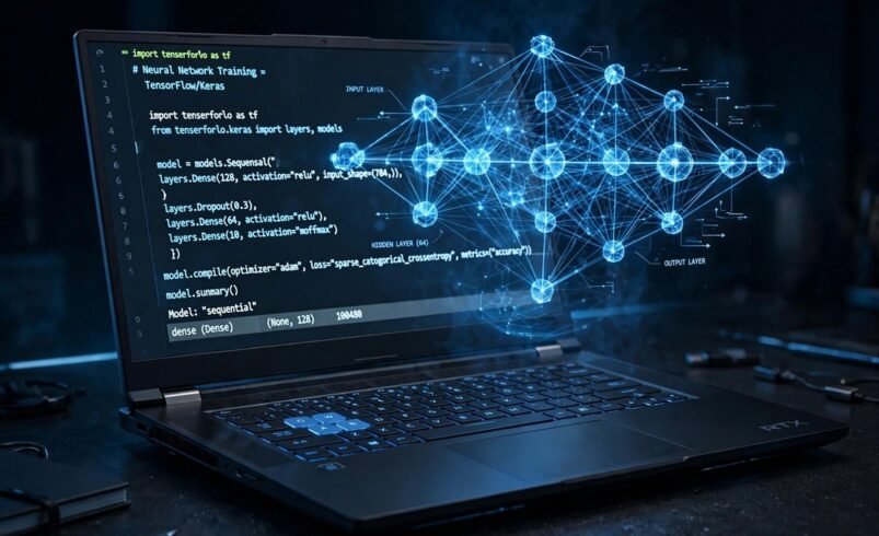 Best laptops for AI developers 2026: laptop running machine learning code with a neural network graphic