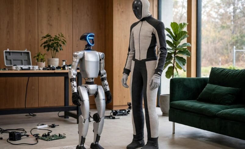 Unitree G1 vs 1X NEO: compact research humanoid robot beside a taller soft home humanoid robot
