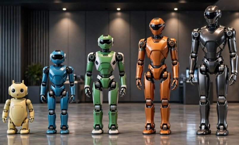 Lineup of humanoid robots you can actually buy in 2026 displayed in a modern technology showroom