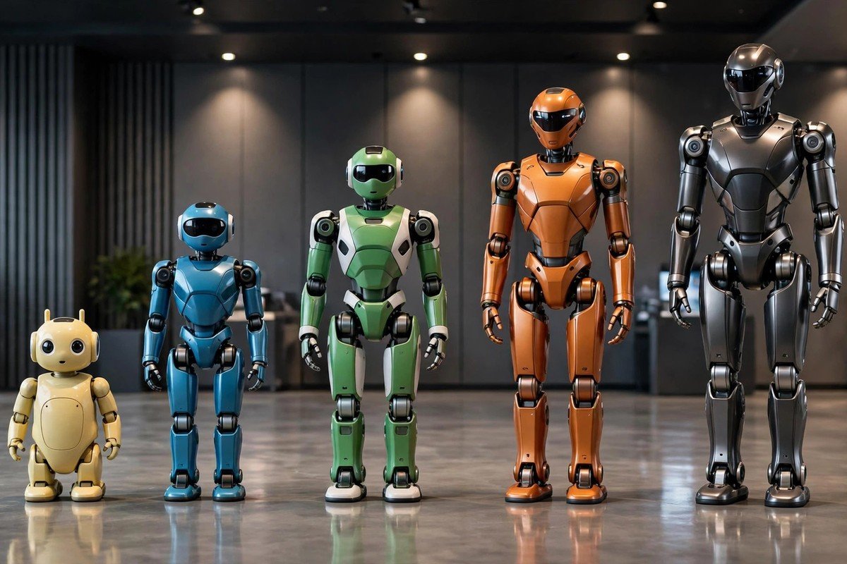 Lineup of humanoid robots you can actually buy in 2026 displayed in a modern technology showroom