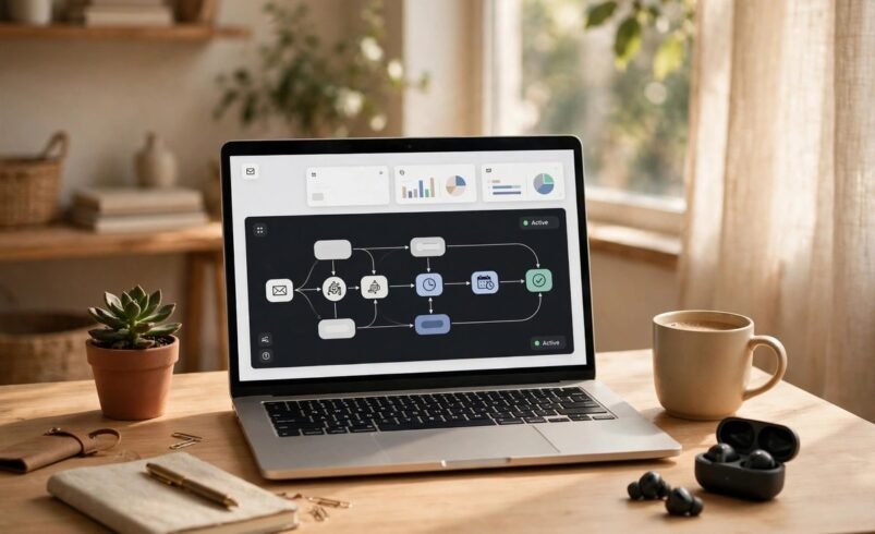 AI email automation for small business: automated email workflows running on a laptop in a small office