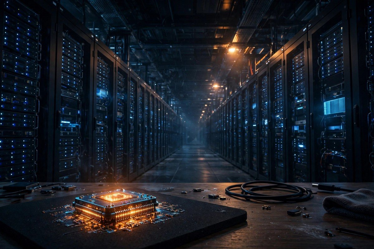 Tiny glowing microchip in the foreground beside a vast data centre hall, visualising the small versus large AI model concept