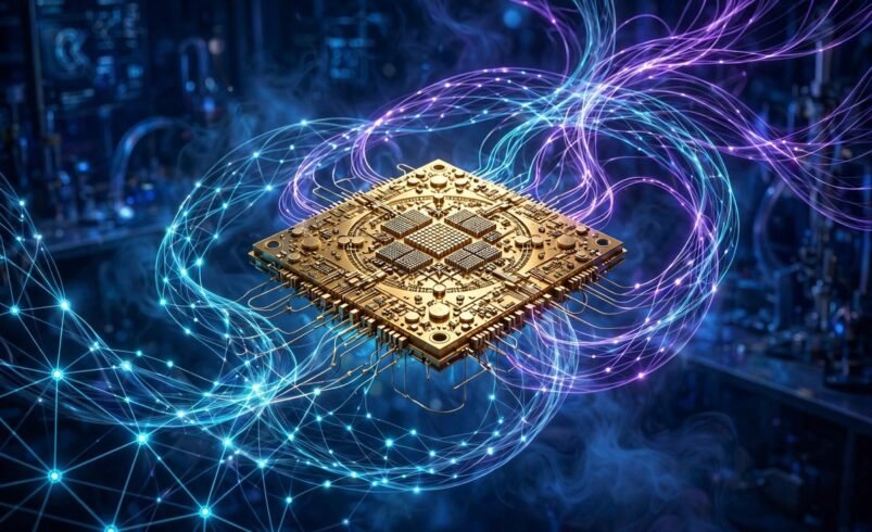 Illustration of how quantum computing will change AI: a golden quantum processor wrapped in neural network light
