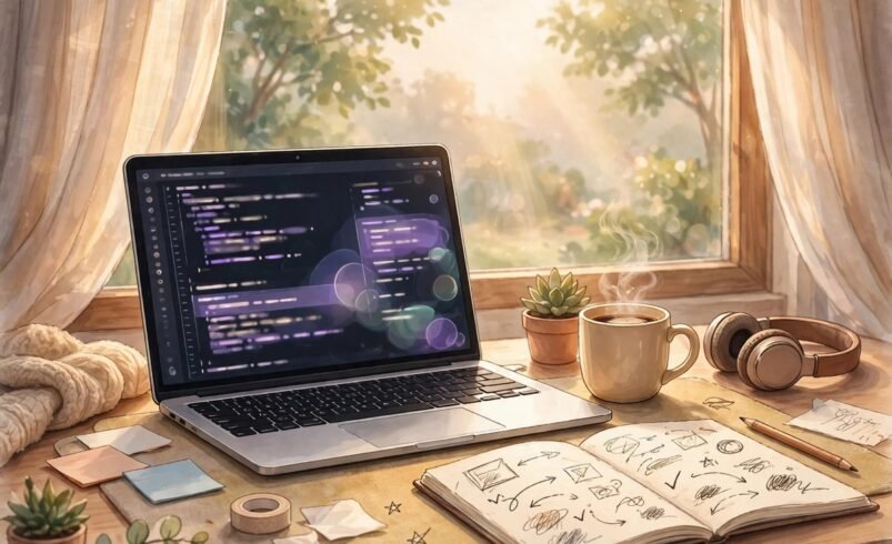 Beginner programmer desk with a laptop showing an AI code editor and a notebook with study notes