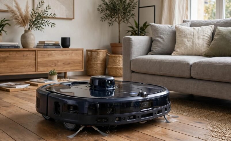 Modern robot vacuum with visible camera and sensors cleaning a stylish living room