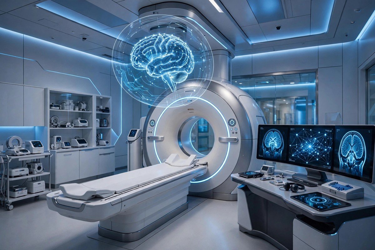 AI in healthcare examples 2026: futuristic hospital imaging suite with an AI-assisted MRI scanner