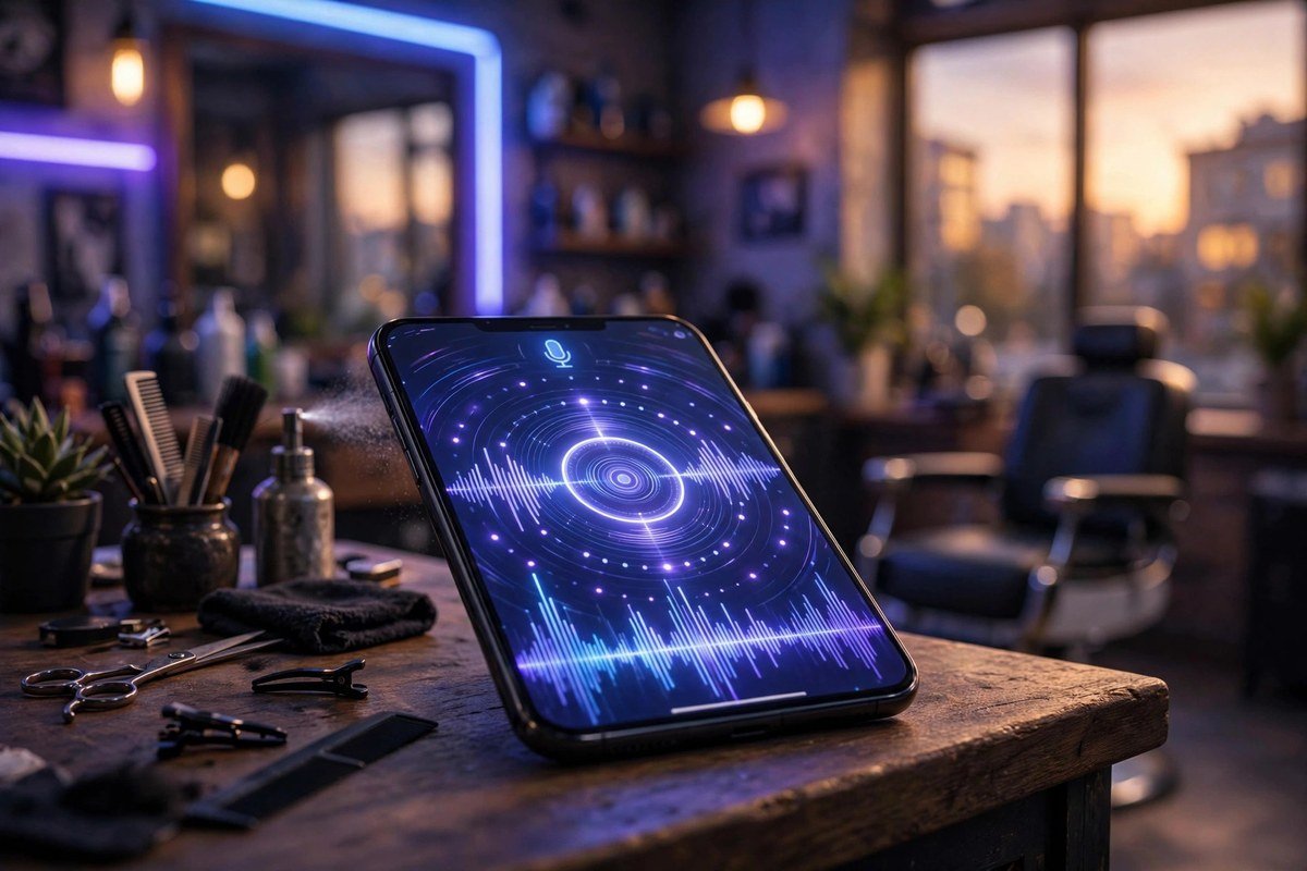 Smartphone showing a glowing AI voice call interface on a small business counter at dusk