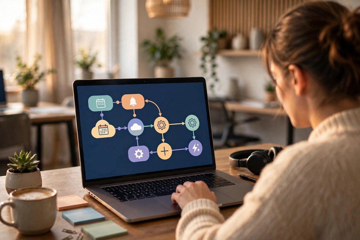 Non-technical team member building a no-code automation workflow on a laptop in a bright office