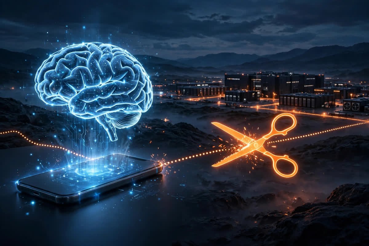 Glowing brain hologram above a smartphone with scissors cutting the connection to a distant data center