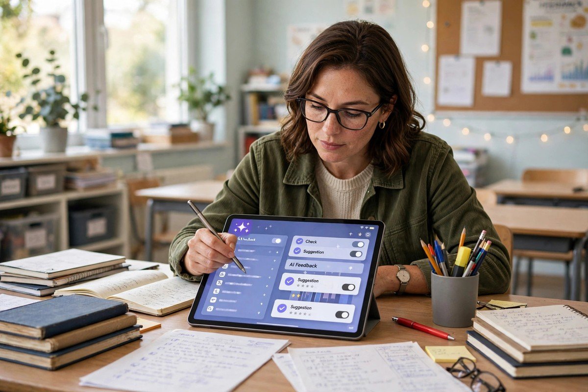 Teacher marking student work on a tablet with AI feedback suggestions on screen
