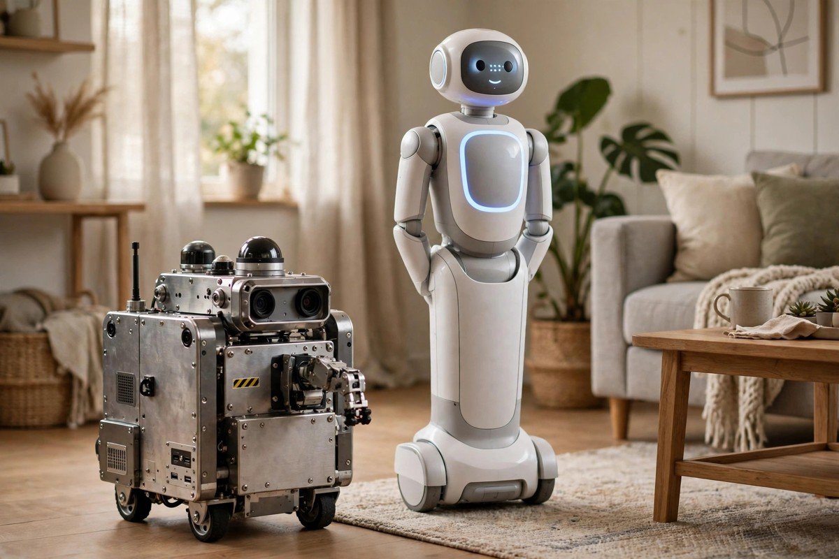 Side-by-side size comparison of a small metal research robot and a taller home robot in a living room