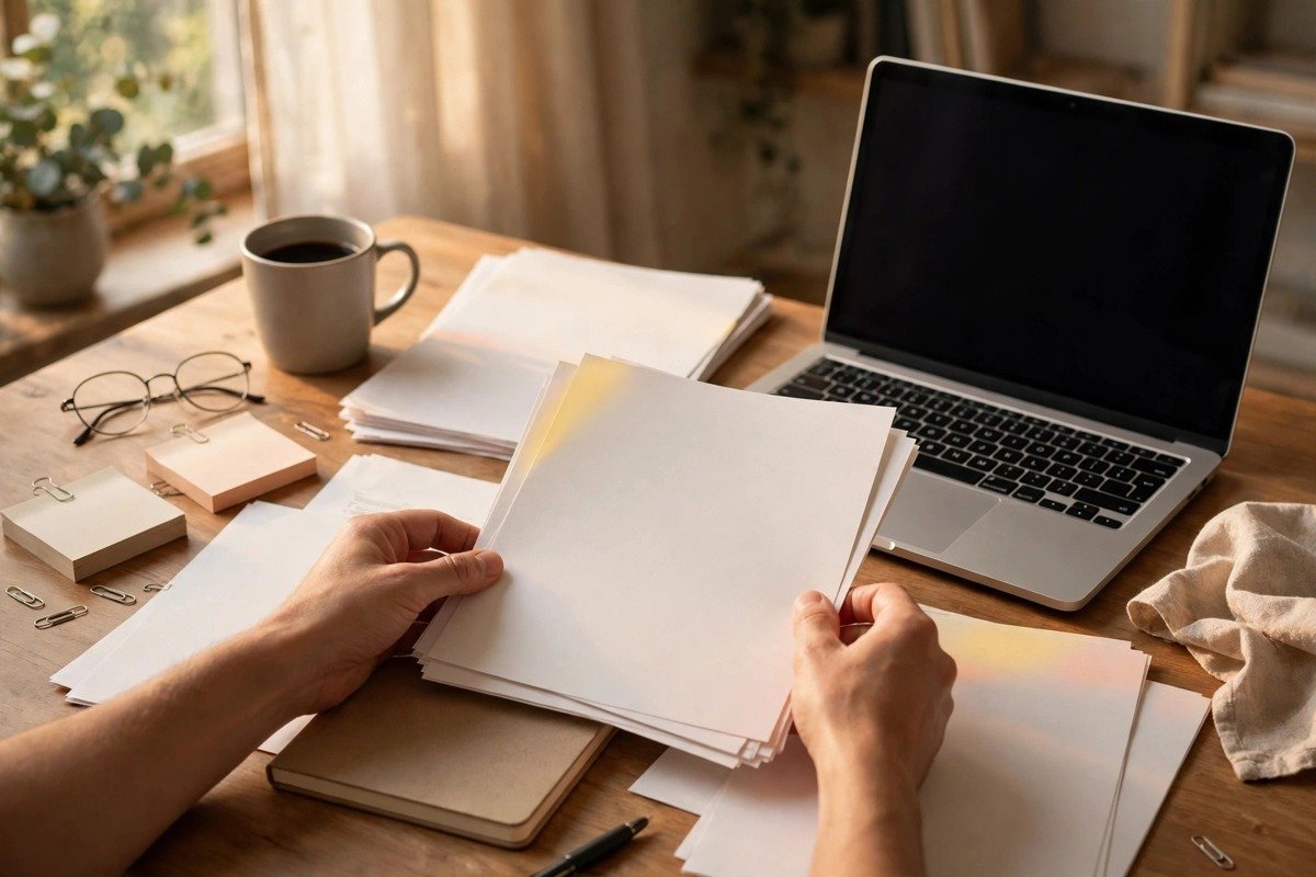 Writer grounding an AI answer in printed source documents before drafting