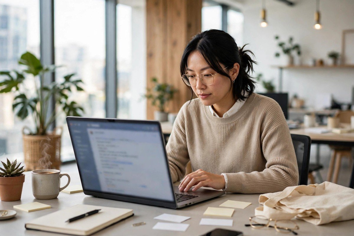 Small business owner reviewing AI drafted email replies before sending