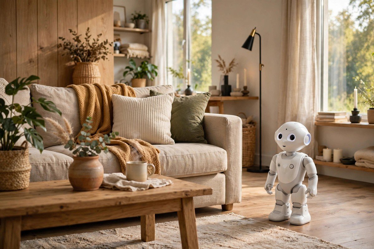 Small humanoid robot standing beside a sofa in a cosy modern living room — one of the humanoid robots you can actually buy in 2026