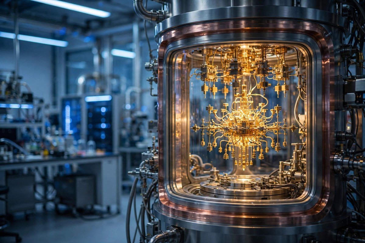 Quantum computer cryogenic chamber with a glowing golden qubit processor in a high-tech laboratory