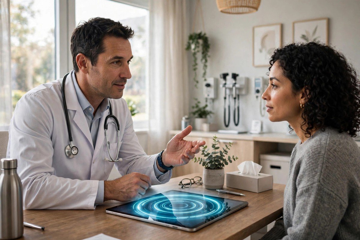 Doctor consulting a patient while an ambient AI scribe runs on a desk tablet