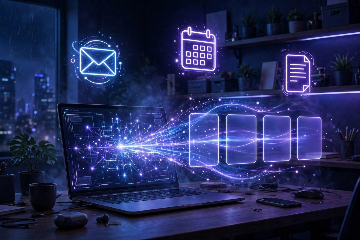 Laptop with glowing AI workflow streams turning emails into organized task cards in an office
