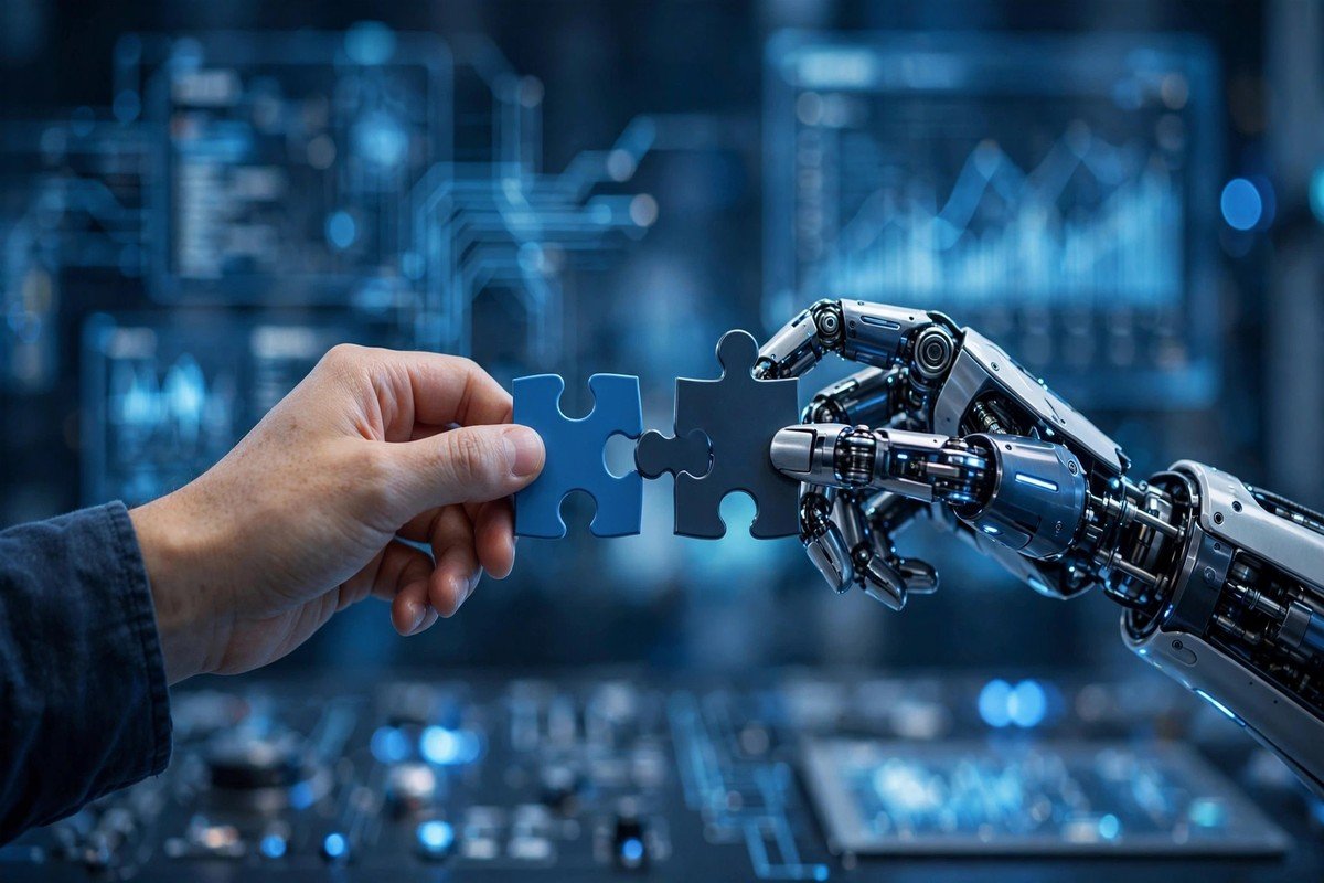 Robot hand and human hand connecting puzzle pieces over a generic automation dashboard