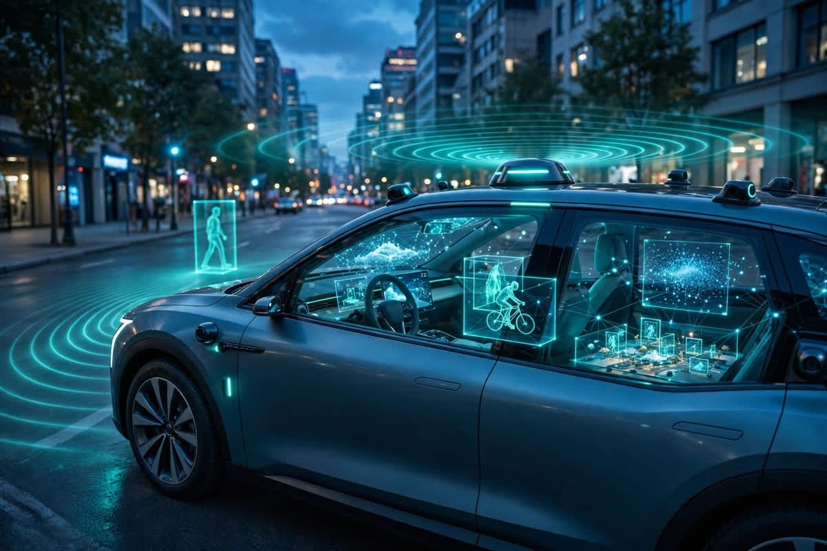 Self-driving car at night with holographic AI detection overlays identifying pedestrians and cyclists