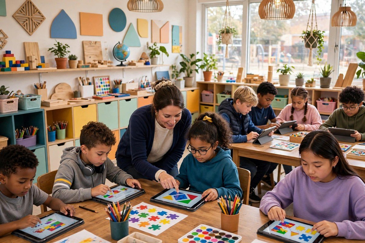 Pupils of different ages working on tablets with personalised learning activities in a modern classroom