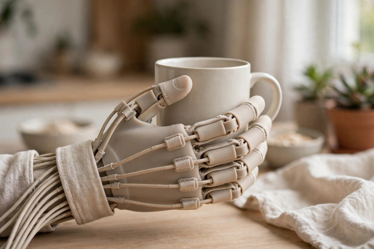 Soft tendon-driven home robot hand gently holding a household object