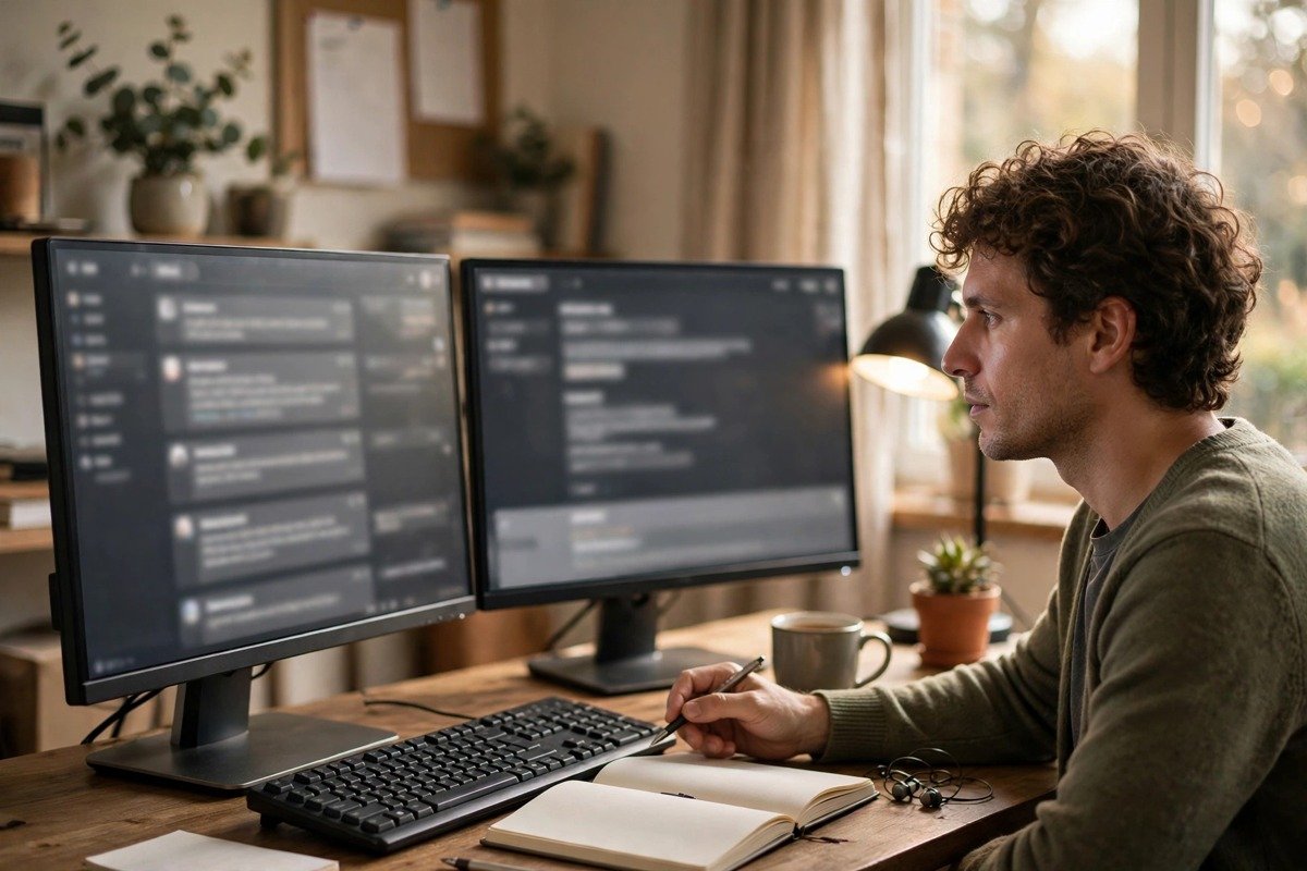 Person cross-checking an AI answer in a fresh chat session on a second screen