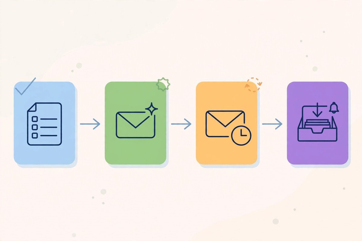 Automated welcome and follow-up email sequence shown as a simple workflow diagram