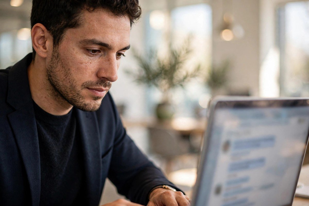 Sales professional reviewing AI-drafted follow-up messages on a laptop in a bright modern office