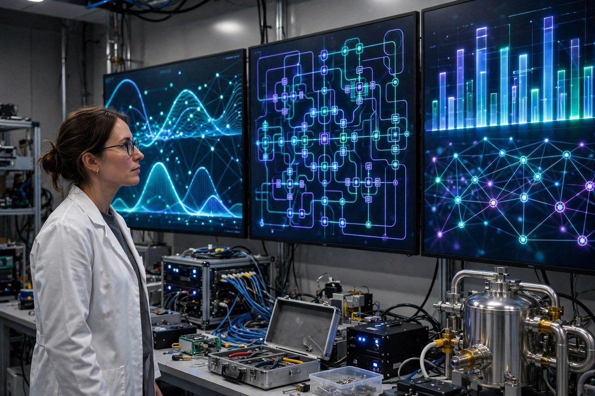 Researcher monitoring qubit error-correction data on large lab screens in a quantum computing facility